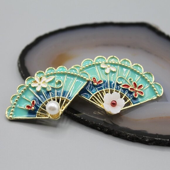 Fan traditional jewelry pin brooch fashion white pearl elegant beautiful gold - Picture 2 of 11